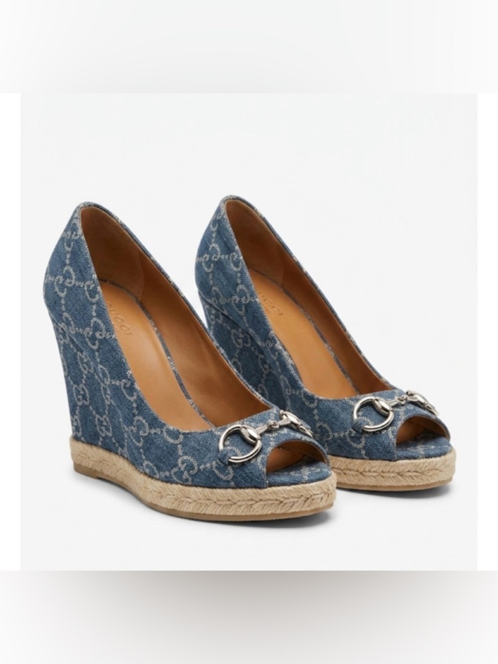Gucci GG Monogram Peep Toe Blue Denim Horsebit Espadrille Wedges 39 Vintage